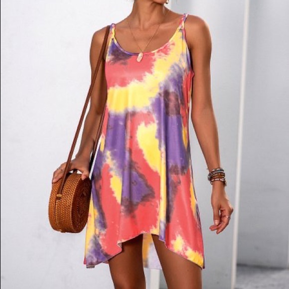 💖HOST PICK💖NWT Lemon Yellow & Red Tie-Dye Sleeveless Dress, Sz. S - Picture 4 of 6